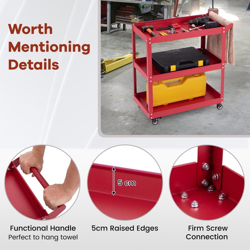 Kolmitasoinen punainen työkalukärry lukittavilla pyörillä