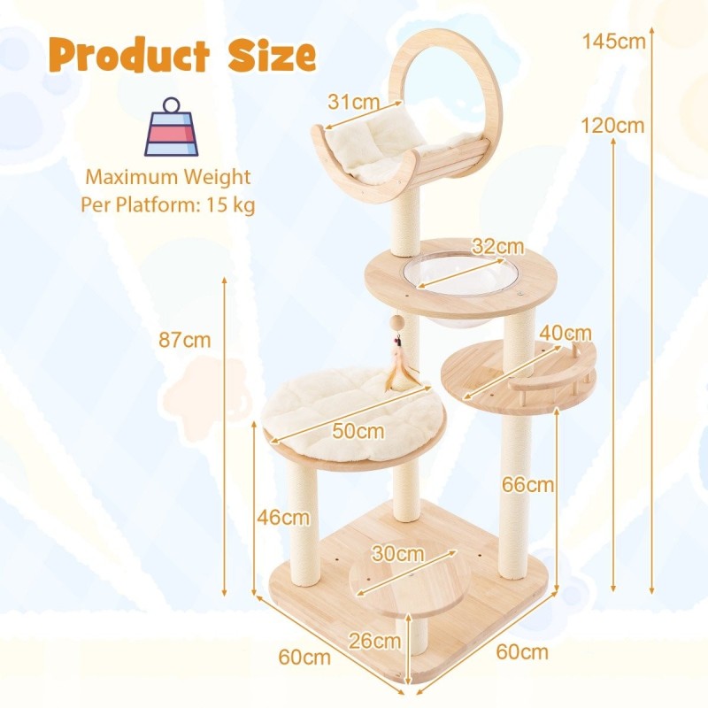 4-in-1 suuri puinen kissatorni avaruuskapselilla ja raapimistolpilla