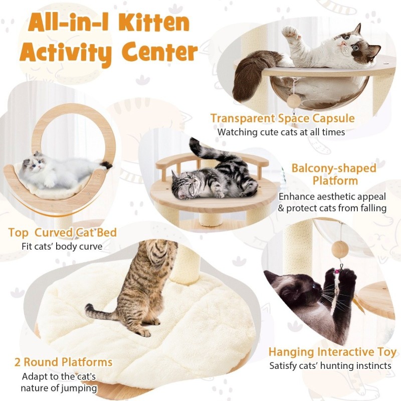4-in-1 suuri puinen kissatorni avaruuskapselilla ja raapimistolpilla