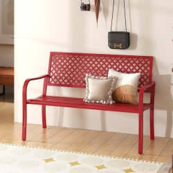 Kahden hengen punainen metallinen puutarhapenkki säleikköistuimella