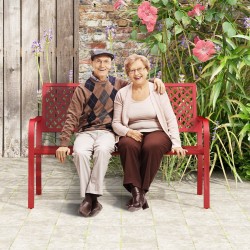 Kahden hengen punainen metallinen puutarhapenkki säleikköistuimella