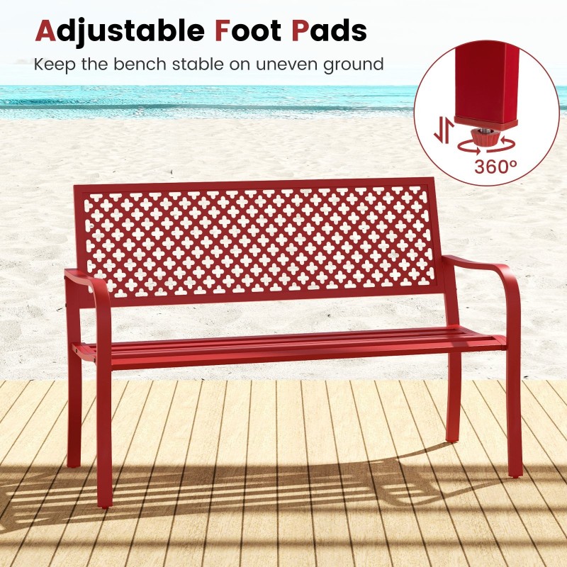 Kahden hengen punainen metallinen puutarhapenkki säleikköistuimella