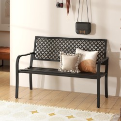 Kahden hengen musta metallinen puutarhapenkki säleikköistuimella