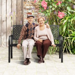 Kahden hengen musta metallinen puutarhapenkki säleikköistuimella