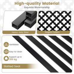 Kahden hengen musta metallinen puutarhapenkki säleikköistuimella