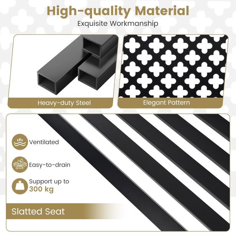 Kahden hengen musta metallinen puutarhapenkki säleikköistuimella