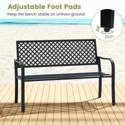 Kahden hengen musta metallinen puutarhapenkki säleikköistuimella