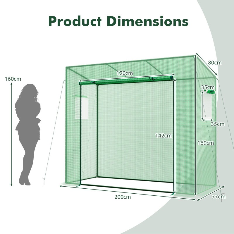 Käveltävä vihreä kasvihuone PE-kannella ja tuulensuojalla