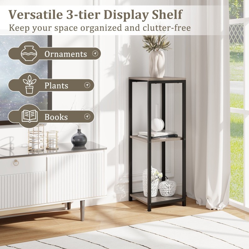 Kolmitasoinen musta metallinen kulmakasviteline kaatumissuojalla