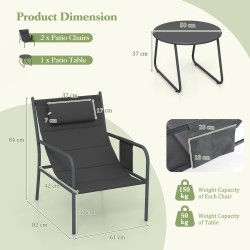 Kolmiosainen harmaa ulkobistrosetti tuoleilla ja kahvipöydällä