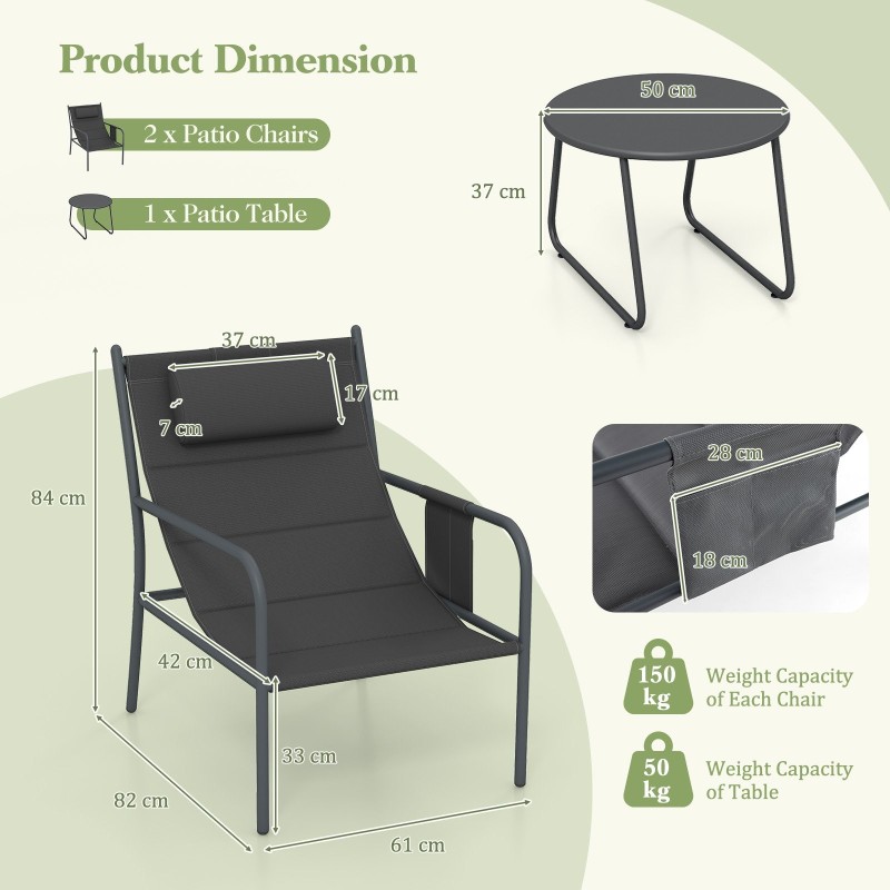 Kolmiosainen harmaa ulkobistrosetti tuoleilla ja kahvipöydällä