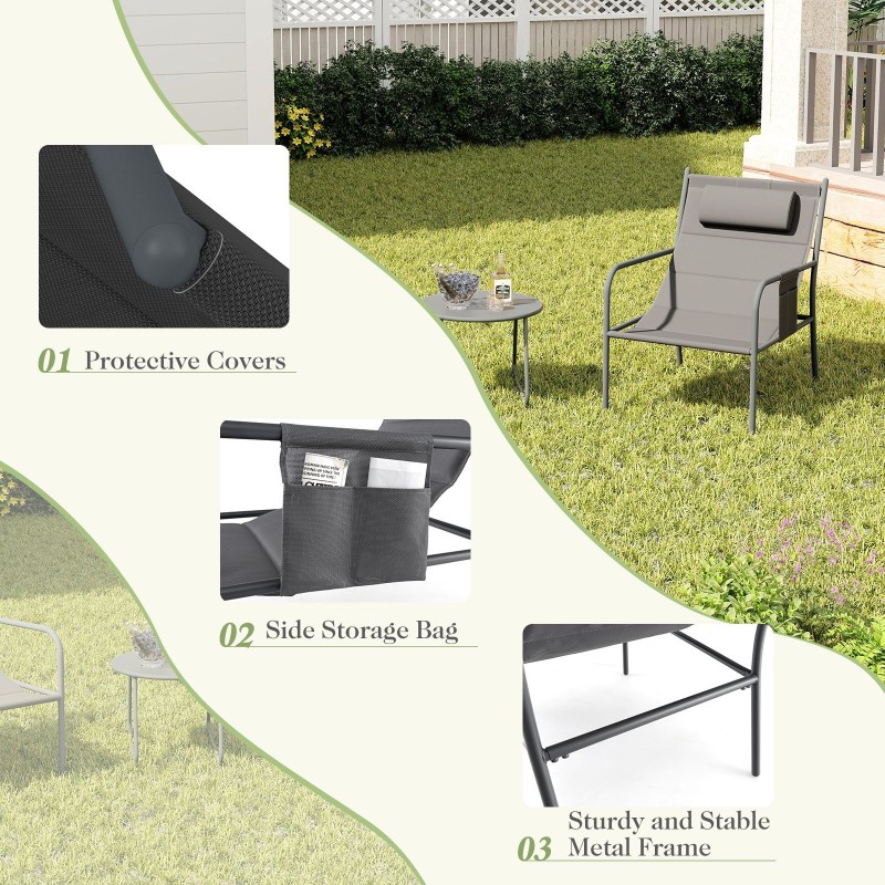 Kolmiosainen harmaa ulkobistrosetti tuoleilla ja kahvipöydällä