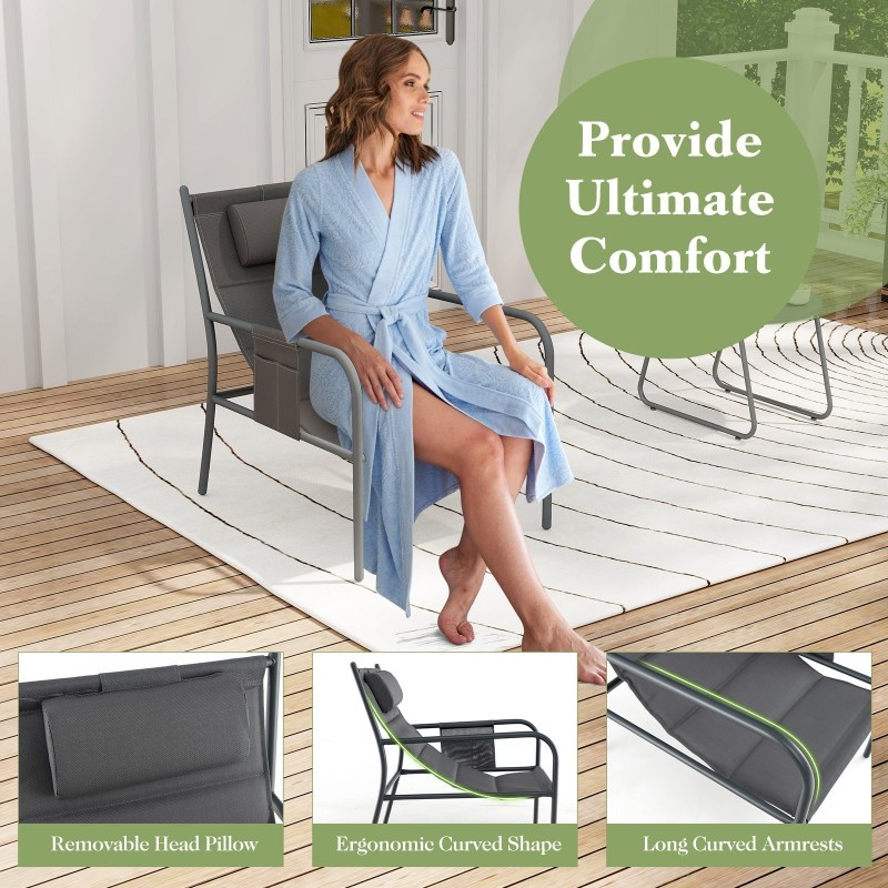 Kolmiosainen harmaa ulkobistrosetti tuoleilla ja kahvipöydällä