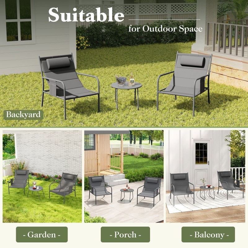 Kolmiosainen harmaa ulkobistrosetti tuoleilla ja kahvipöydällä