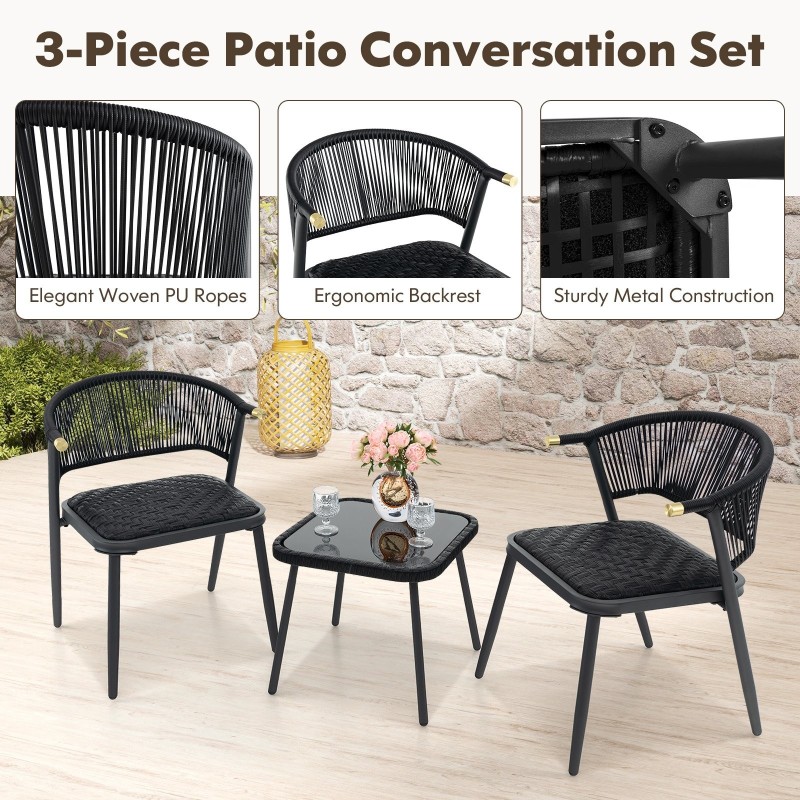 Kolmiosainen ulkokalustesetti ruskea rottinki ja lasipöytä