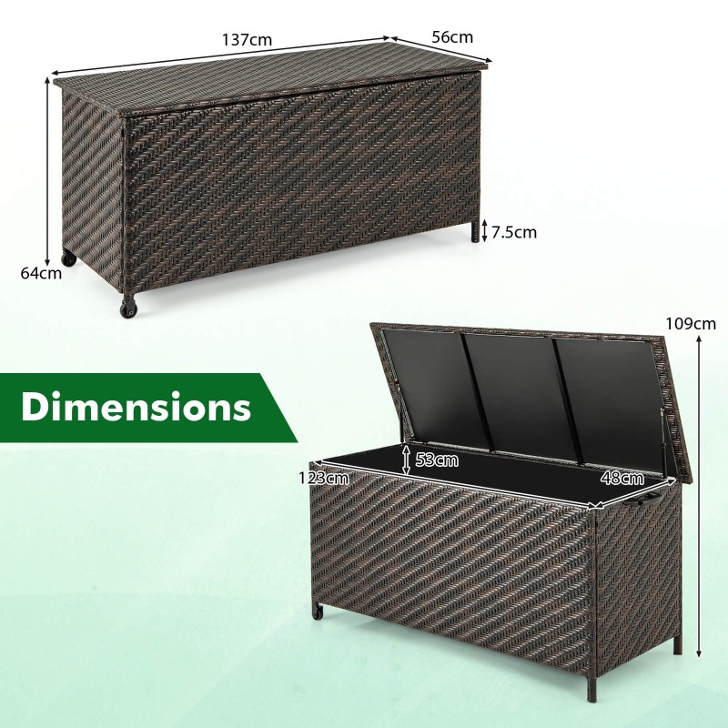 Ruskea rattan-säilytyslaatikko pyörillä ja polyesterivuorella