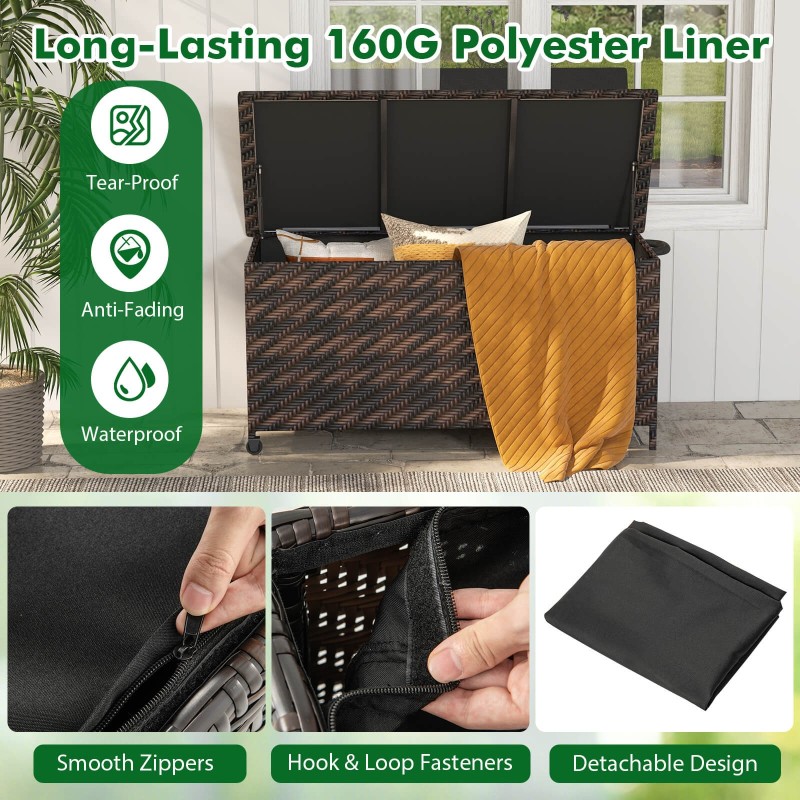 Ruskea rattan-säilytyslaatikko pyörillä ja polyesterivuorella