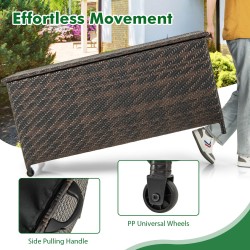 Ruskea rattan-säilytyslaatikko pyörillä ja polyesterivuorella