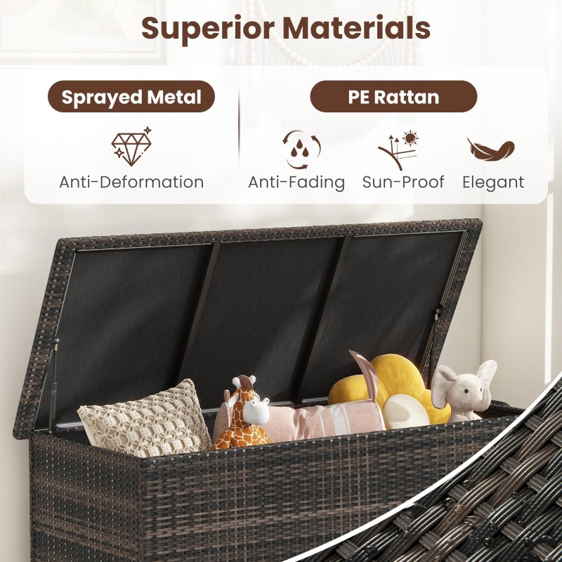 Rottinkinen ulkosäilytyslaatikko pyörillä ja vuorella, ruskea