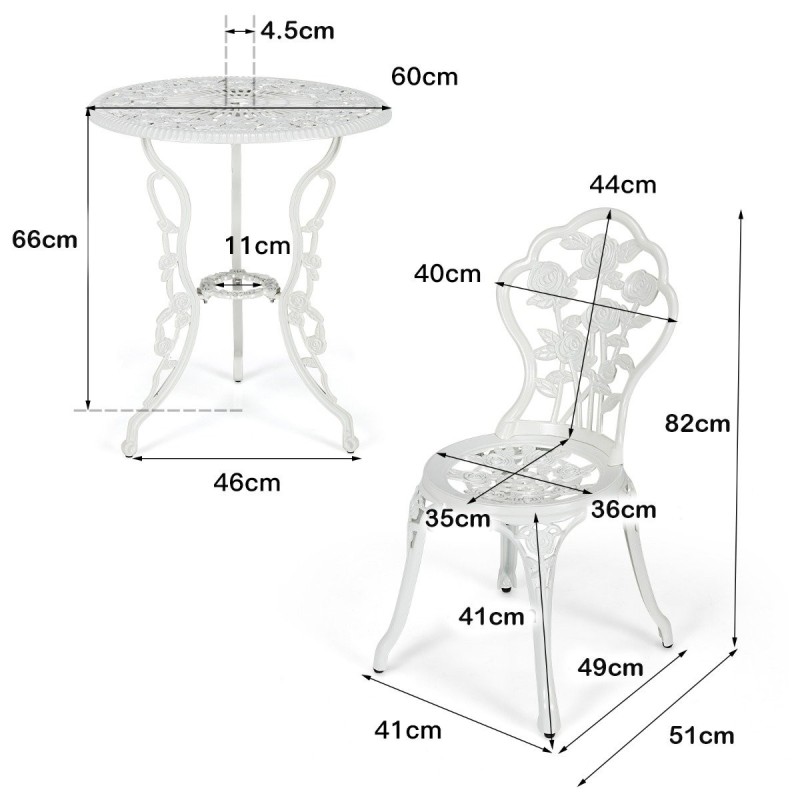 Kolmiosainen valkoinen antiikkinen bistrosetti puutarhaan ja parvekkeelle