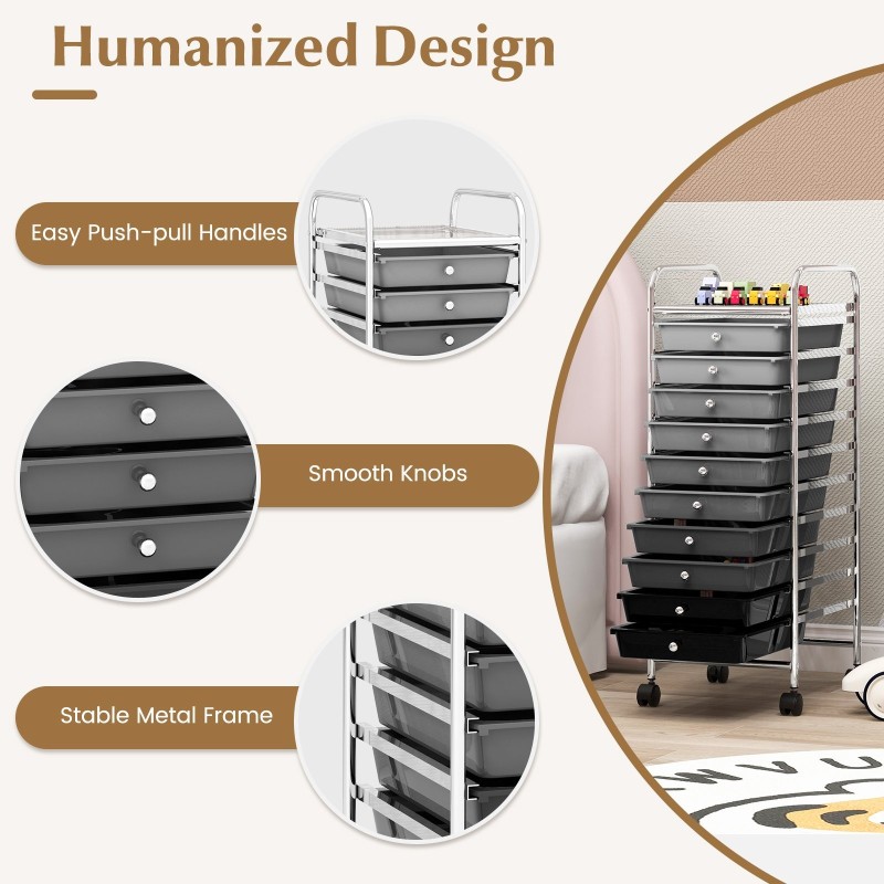 Siirrettävä 10-laatikon säilytyskärry pyörillä - hopeanharmaa