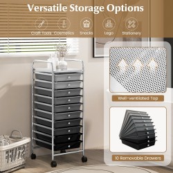 Siirrettävä 10-laatikon säilytyskärry pyörillä - hopeanharmaa