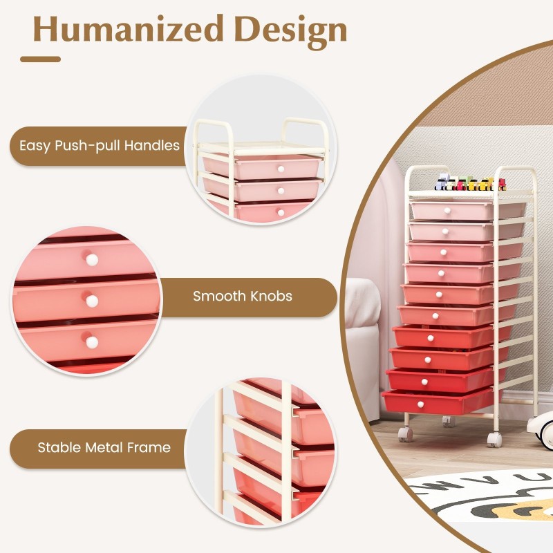 Siirrettävä 10-laatikon säilytyskärry pyörillä - vaaleanpunainen