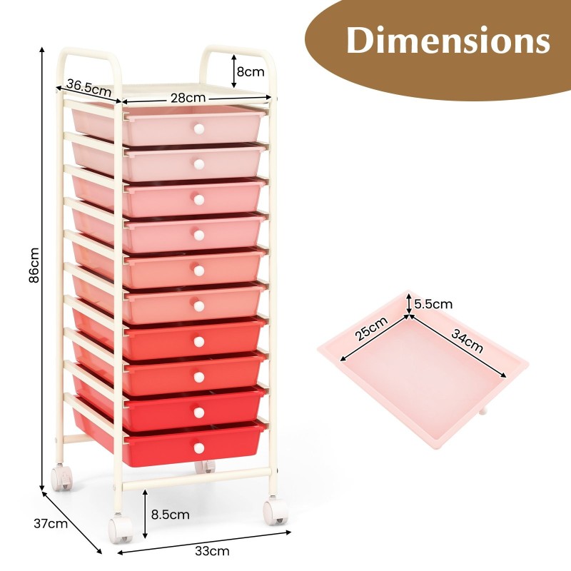 Siirrettävä 10-laatikon säilytyskärry pyörillä - vaaleanpunainen