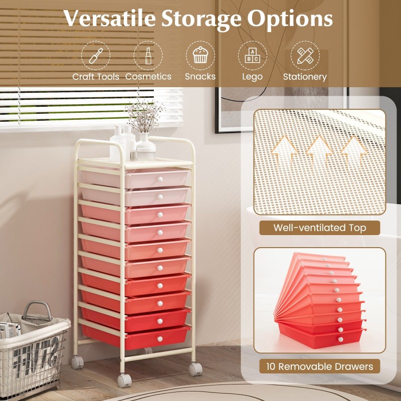 Siirrettävä 10-laatikon säilytyskärry pyörillä - vaaleanpunainen