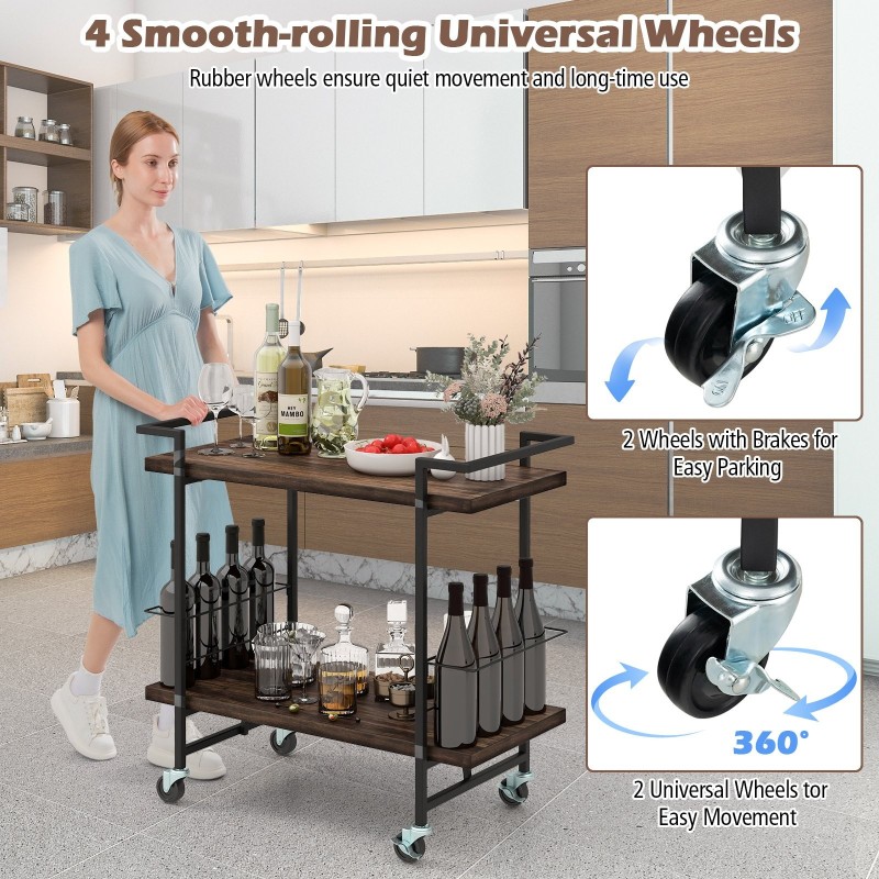 Kaksitasoinen keittiökärry lukittavilla pyörillä ja kaiteilla