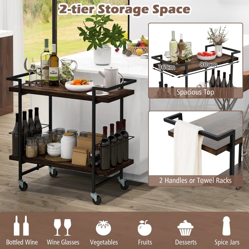 Kaksitasoinen keittiökärry lukittavilla pyörillä ja kaiteilla