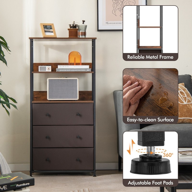 Kolmilaattikkoinen pystysuora säilytysyksikkö avohyllyillä - rustiikkinen ruskea