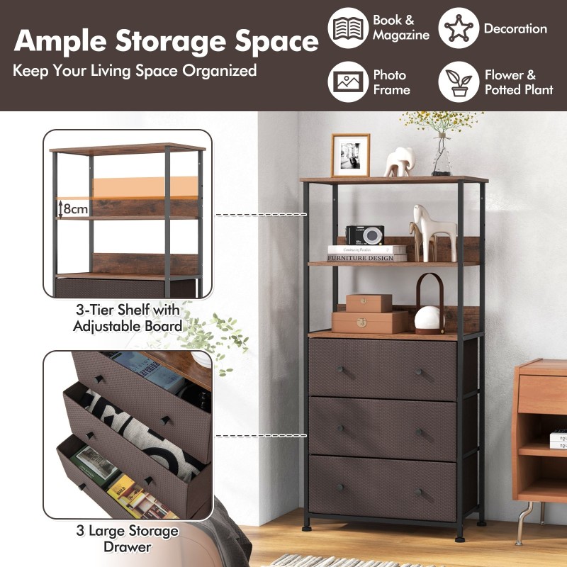 Kolmilaattikkoinen pystysuora säilytysyksikkö avohyllyillä - rustiikkinen ruskea