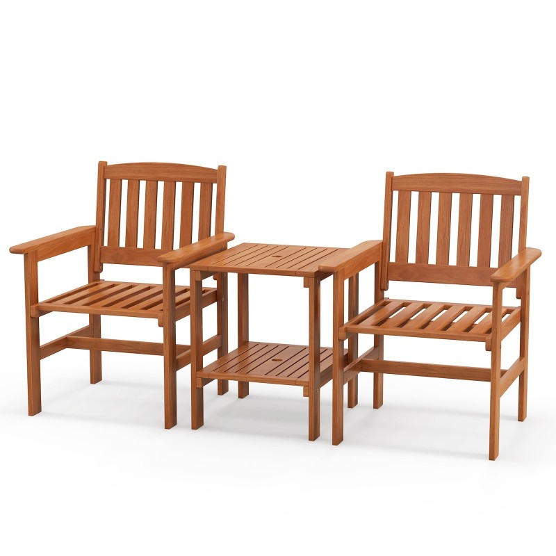 Kolmen osan luonnonpuinen ulkokalustesetti varjonreiällä