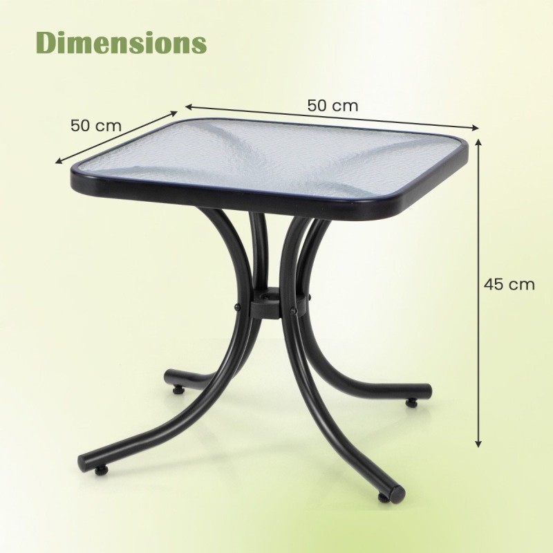 Karkaistu lasipöytä ulkokäyttöön mustalla metallirungolla