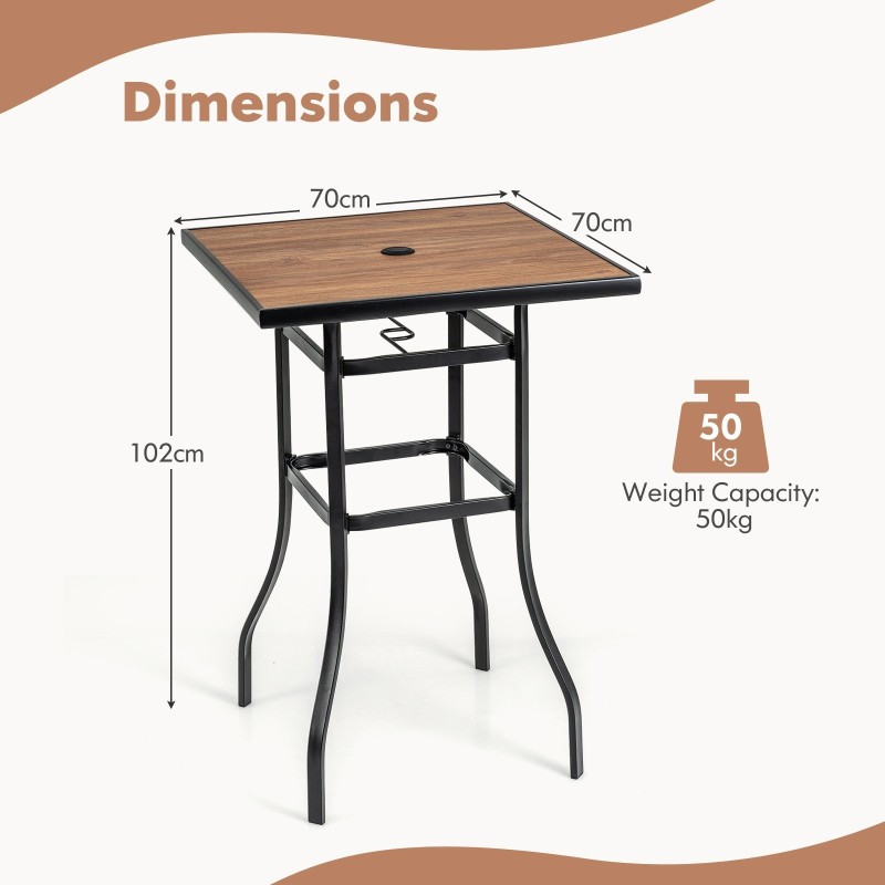 Neliön muotoinen ulkoruokapöytä puujäljitelmällä ja varjoreiällä