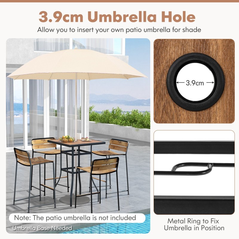 Neliön muotoinen ulkoruokapöytä puujäljitelmällä ja varjoreiällä