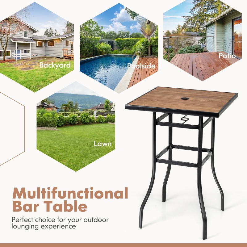 Neliön muotoinen ulkoruokapöytä puujäljitelmällä ja varjoreiällä