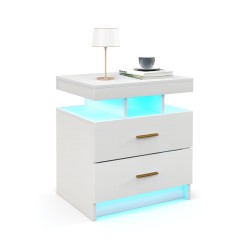 Valkoinen ledyöpöytä kahdella laatikolla ja kaukosäätimellä