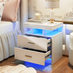 Valkoinen led-yöpöytä kahdella laatikolla ja kaukosäätimellä