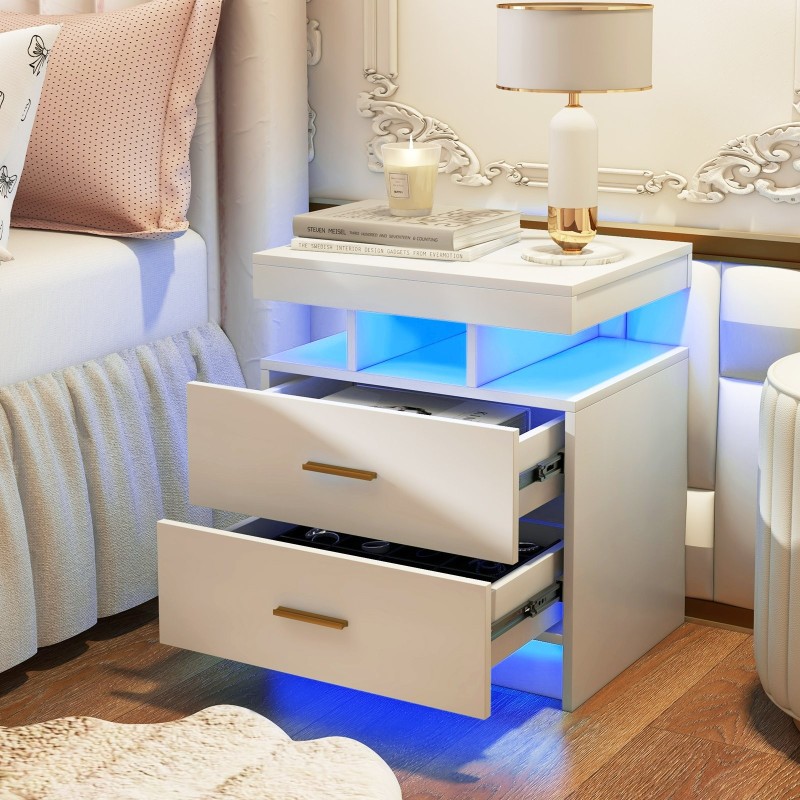 Valkoinen led-yöpöytä kahdella laatikolla ja kaukosäätimellä