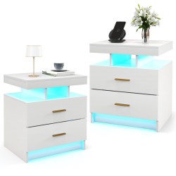 Valkoinen led-yöpöytä kahdella laatikolla ja kaukosäätimellä
