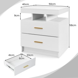 Valkoinen led-yöpöytä kahdella laatikolla ja kaukosäätimellä