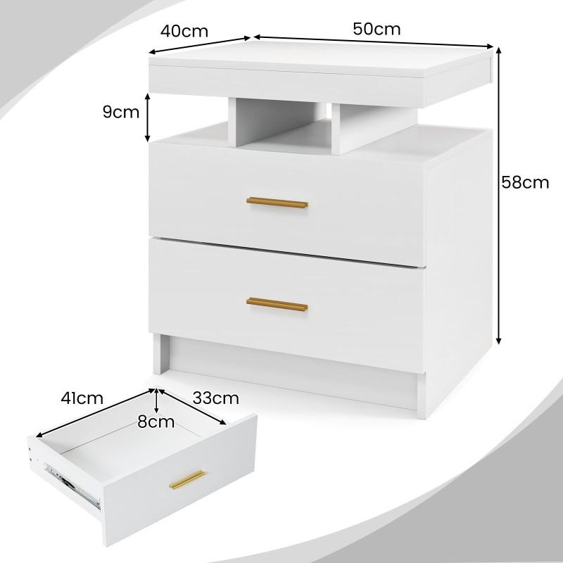 Valkoinen led-yöpöytä kahdella laatikolla ja kaukosäätimellä