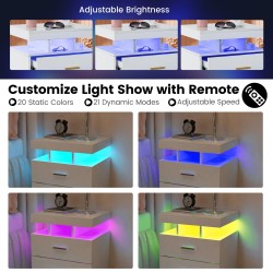 Valkoinen led-yöpöytä kahdella laatikolla ja kaukosäätimellä