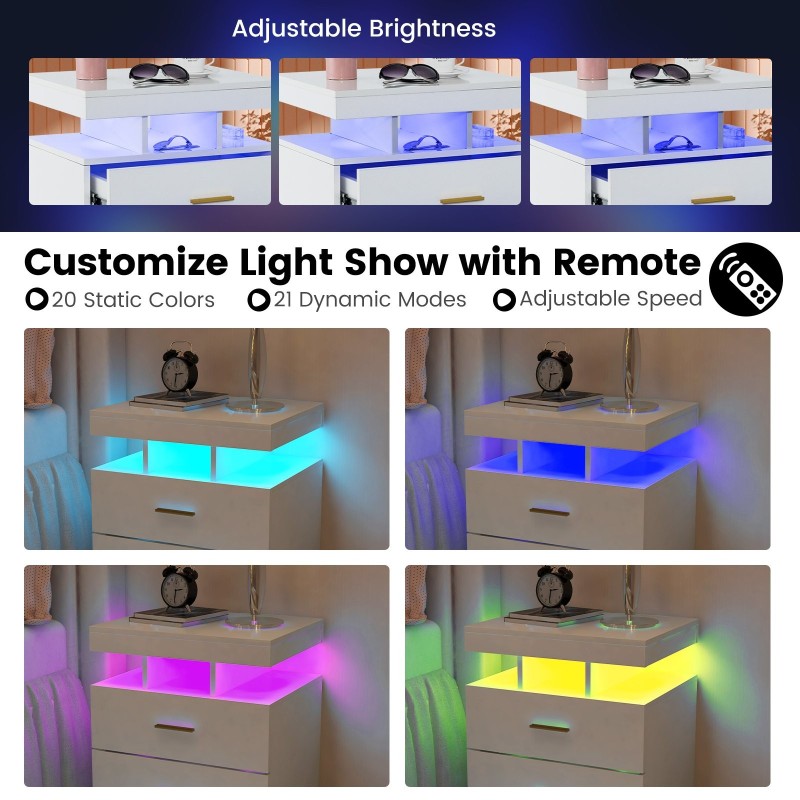 Valkoinen led-yöpöytä kahdella laatikolla ja kaukosäätimellä