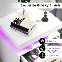 Valkoinen led-yöpöytä kahdella laatikolla ja kaukosäätimellä