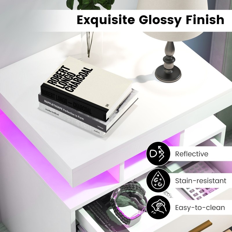 Valkoinen led-yöpöytä kahdella laatikolla ja kaukosäätimellä