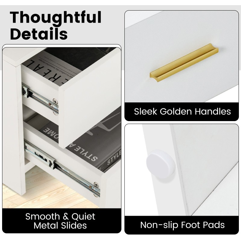 Valkoinen led-yöpöytä kahdella laatikolla ja kaukosäätimellä