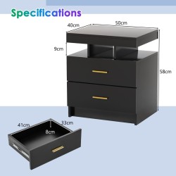 Musta LED-yöpöytä kahdella laatikolla ja kaukosäätimellä